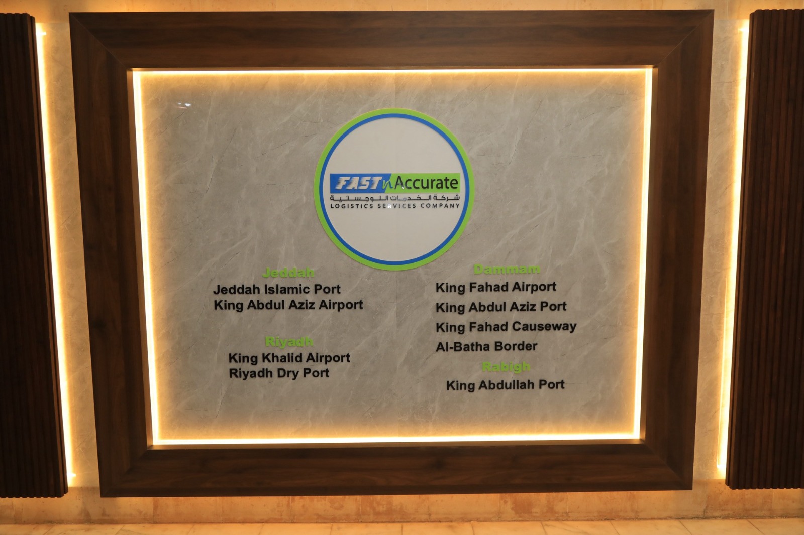 Wall board listing Fast n Accurate coverage at Jeddah, Riyadh and Dammam ports and airports